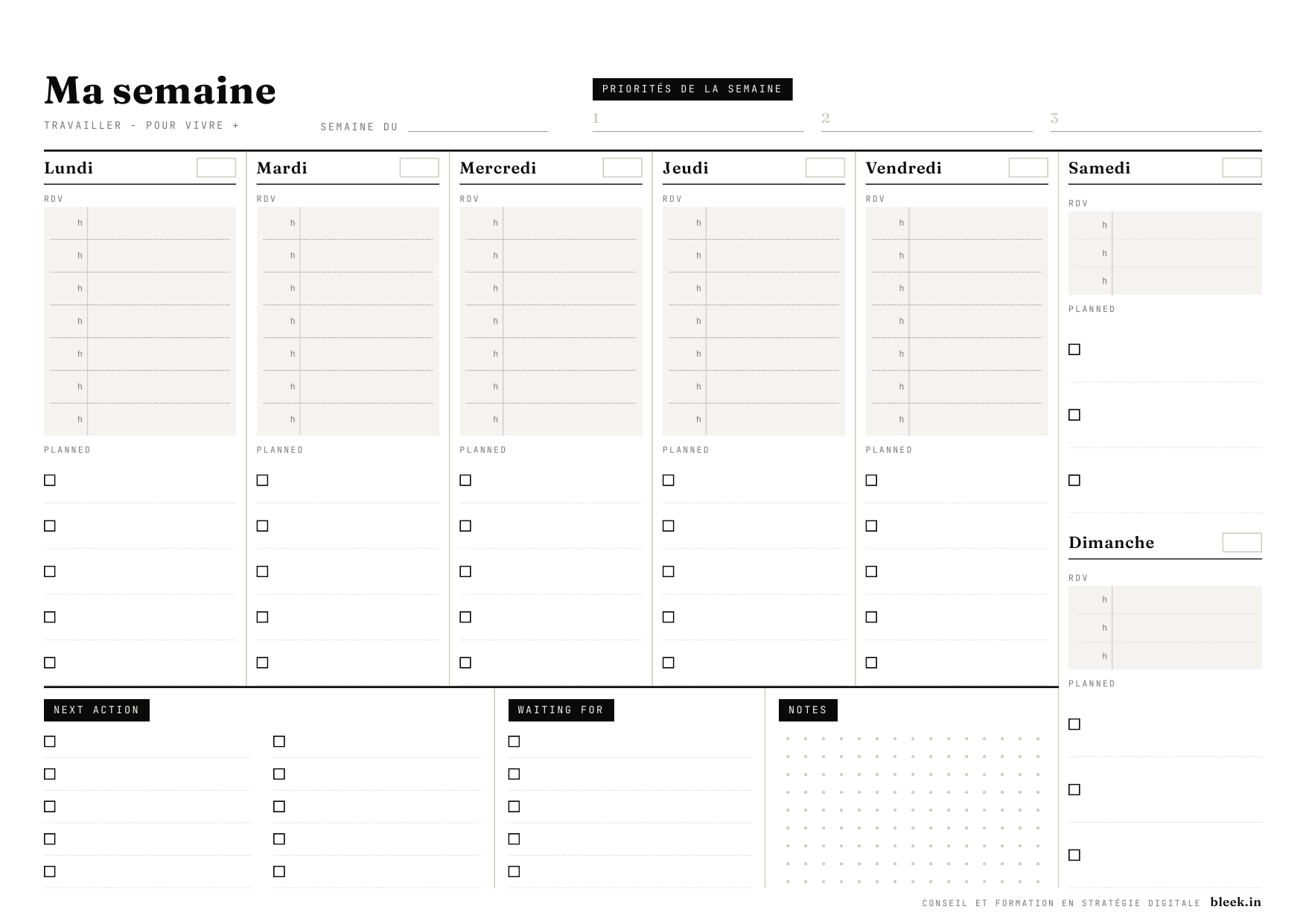 Aperçu du weekly planner Ma semaine, format A4 paysage